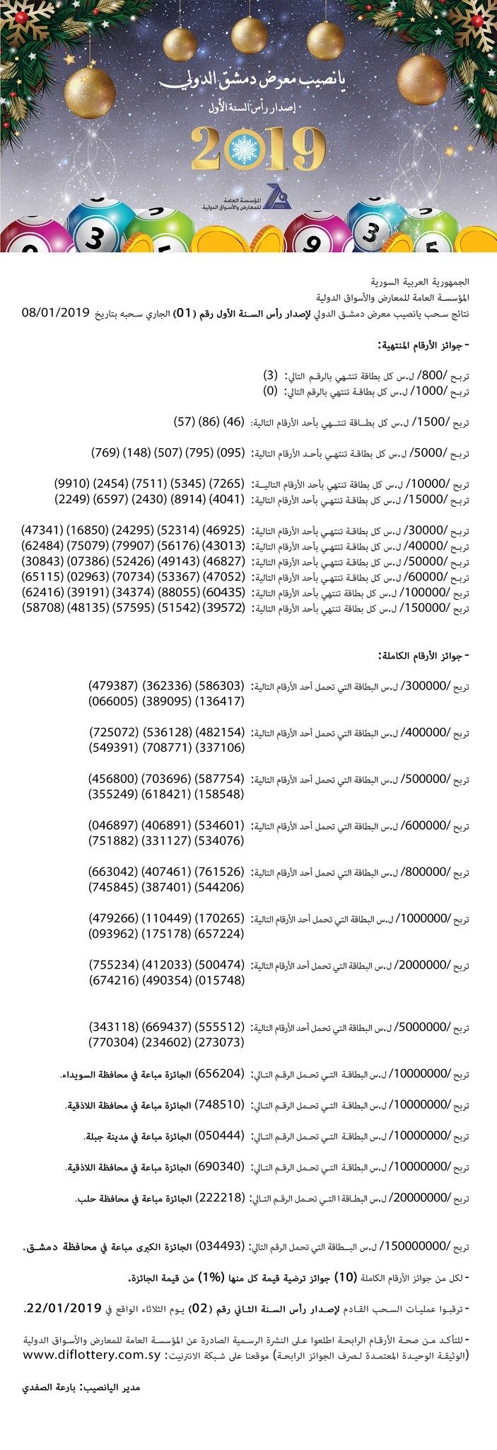 ((موقع يانصيب معرض دمشق الدولي)) نتائج السحب 22-1-2019 يانصيب معرض دمشق الدولي 2019 diflottery اعرف نتيجة بطاقتك
