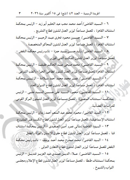 الزعيم السيسي يصدر قرارا بندب 15 قاضيًا لمدة عام واحد